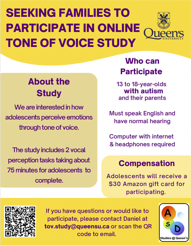 We are currently investigating how autistic youth between 13-18 years old perceive emotional and lexical information through vocal cues. 